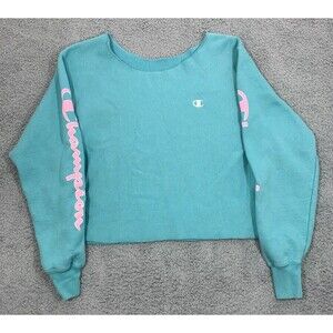 Champion Cropped Long Sleeve Pull-over Sweater Blue Pink White Sporty Preppy